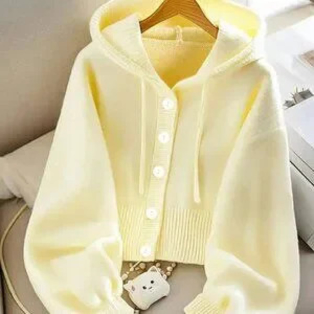 ZARA Yellow Casual Women's button down Long Sleeve Hooded Knit Cardigan